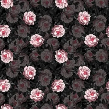 Floral seamless pattern with pink roses and leaves on black background Stock Illustration