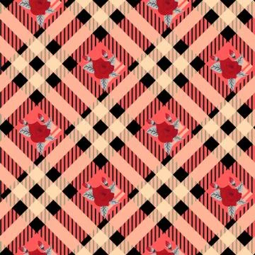 Floral seamless pattern with plaid background. Vector template. Stock Illustration