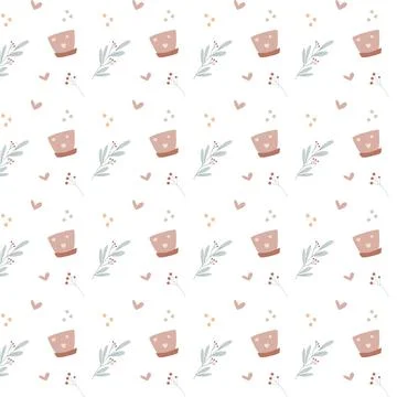 Floral seamless pattern with plants and cute flowerpot. Vector illustration.  Stock Illustration