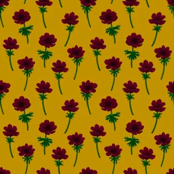 Floral seamless pattern. Red anemones pattern on mustard yellow background Stock Illustration