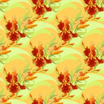 Floral seamless pattern. Red iris flower background. Stock Illustration