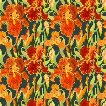 Floral seamless pattern. Red iris flower background. Illustrazione stock