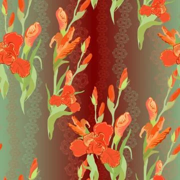 Floral seamless pattern. Red iris flower background. Stock Illustration
