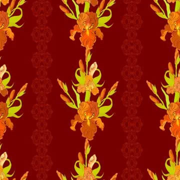 Floral seamless pattern. Red iris flower background. Stock Illustration