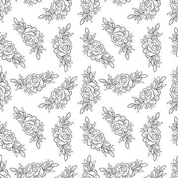 Floral seamless pattern with roses and leaves in black. Illustrazione stock