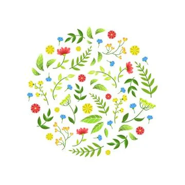 Floral Seamless Pattern of Round Shape with Green Leaves and Flowers Vector Stock Illustration