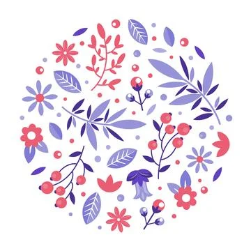 Floral seamless pattern of round shape. Wild flowers and leaves on white Stock Illustration