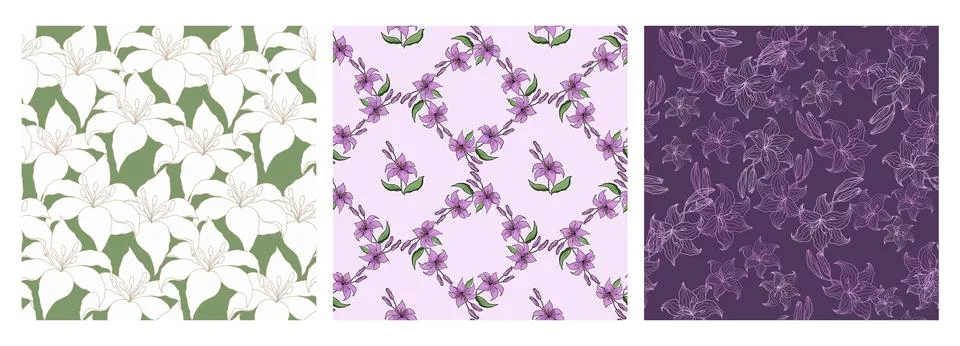 Floral Seamless Pattern set with hand drawn flowers lilly Stock Illustration