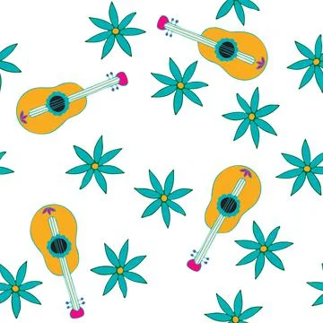 Floral Seamless Pattern. Simple Colorful Background with Flower and Guitar. Illustrazione stock