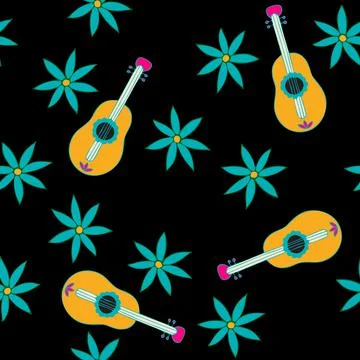 Floral Seamless Pattern. Simple Colorful Background with Flower and Guitar. Stock Illustration