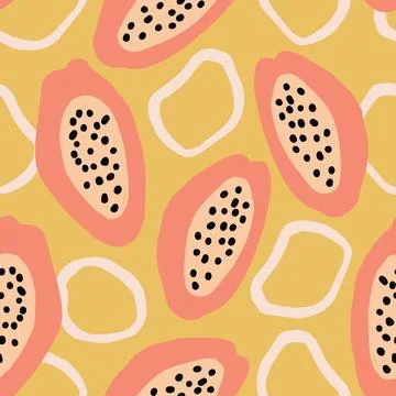 Floral seamless pattern. Sliced papaya fruit and abstract organic circles, round Stock Illustration