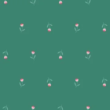 Floral Seamless Pattern of Sparse Pink Tiny Flowers on Viridian Green Background Illustrazione stock