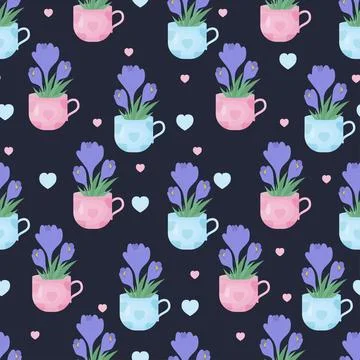 Floral seamless pattern. Spring bouquet of flowers crocuses in cups on blac.. Stock Illustration