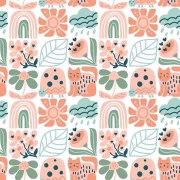 Floral seamless pattern spring with hand drawing wild flowers and animal. Simple Illustrazione stock