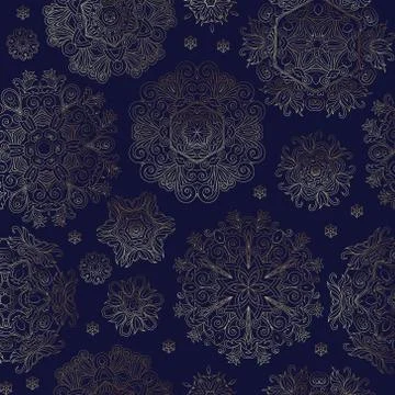 Floral seamless pattern with stylized snowflakes. Golden line snowflake on dark Stock Illustration