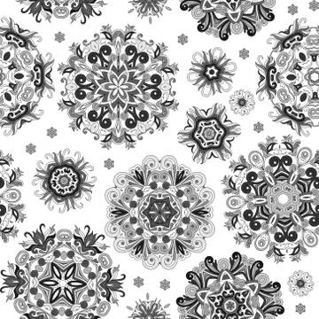 Floral seamless pattern with stylized snowflakes. Gray snowflake on white Stock Illustration