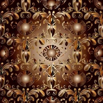 Floral seamless pattern. Vector  3d gold brown greek key background Illustrazione stock