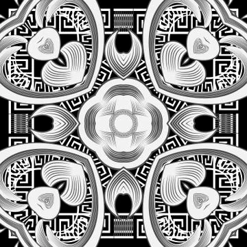 Floral seamless pattern. Vector black and white vintage background. Repeat Illustrazione stock