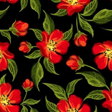 Floral seamless pattern. Vibrant illustration with blooming painted red flowers. Stock Illustration