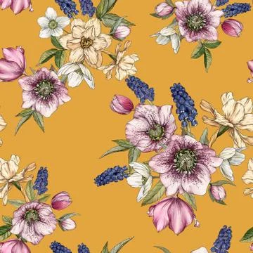 Floral seamless pattern with watercolor narcissus, muscari and hellebore. Stock Illustration