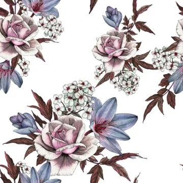 Floral seamless pattern with watercolor roses, crocuses and jasmine Stock Illustration