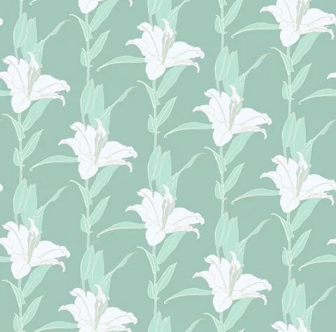Floral seamless pattern of white and mint green color lily flowers with silver 스톡 일러스트