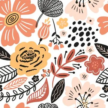 Floral seamless pattern white colors autumn. Flat flowers, petals, leaves with Stock Illustration