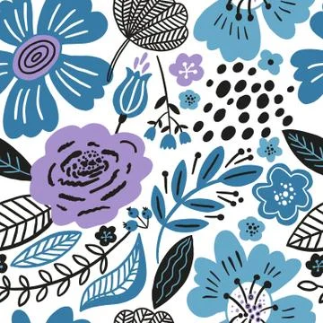 Floral seamless pattern white colors winter. Flat flowers, petals, leaves with Stock Illustration