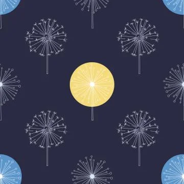 Floral Seamless Pattern with White Dandelions, Flying Flowers on Wind Vector Stock Illustration