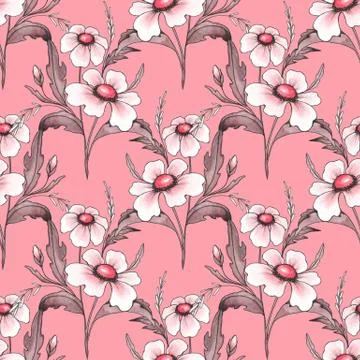 Floral seamless pattern with white flowers. Ink and watercolor Illustrazione stock