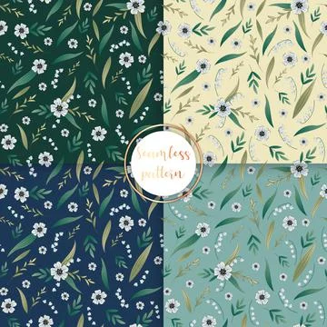 Floral seamless pattern with white flowers, lilies of the valley and green tw Stock Illustration