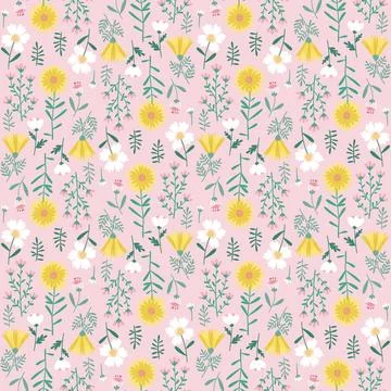 Floral Seamless Pattern of White, Pink, Yellow Flowers on Light Pink Backdrop Stock Illustration