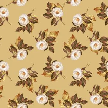 Floral seamless pattern with white roses on yellow Stock-Illustration