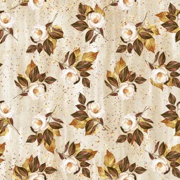 Floral seamless pattern with white roses, leaves and glitter Stock Illustration