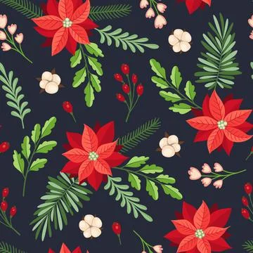 Floral seamless pattern with winter evergreen plants Stock Illustration