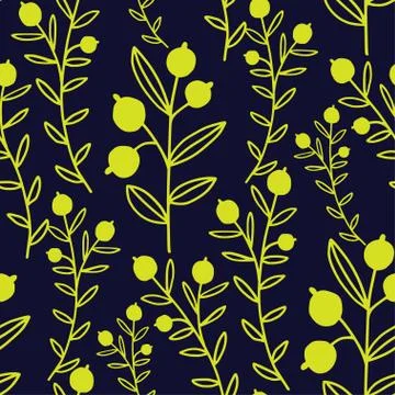 Floral seamless pattern with yellow branches and berries. Vector textile desi Stock Illustration