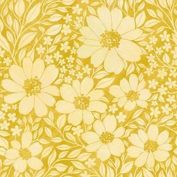 Floral Seamless Pattern of Yellow Flowers and Leaves on Dark Yellow Backdrop Stock Illustration