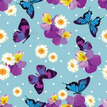 Floral seamless patternFloral seamless pattern. Pansies with chamomiles on blue Stock Illustration