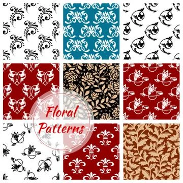 Floral seamless patterns set. Flowery background 스톡 일러스트