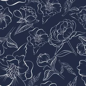 Floral seamless peony pattern drawn in sketch Stock Illustration