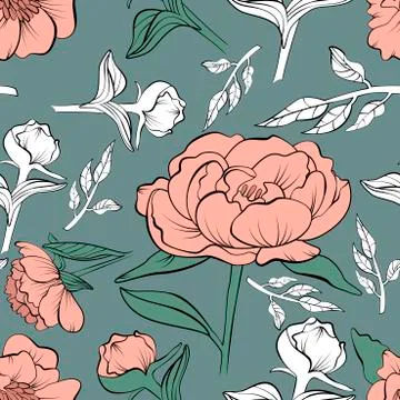 Floral seamless peony pattern drawn in sketch Stock Illustration
