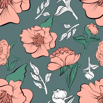 Floral seamless peony pattern drawn in sketch Illustrazione stock