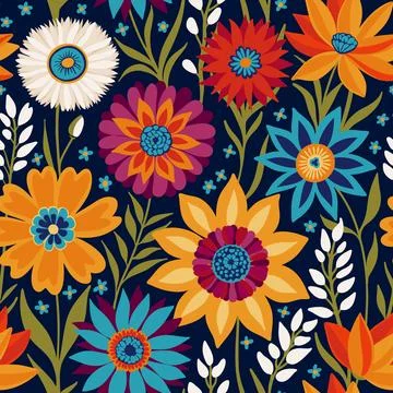 Floral Seamless Random Pattern with Coloful Fantasy Flowers in Bohemian style Stock Illustration