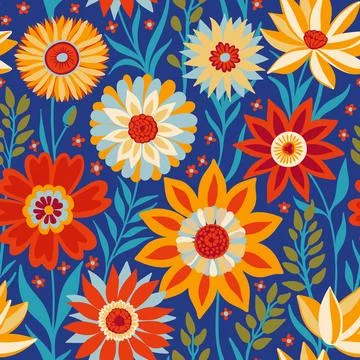 Floral Seamless Random Pattern with Fantasy Flowers in Bohemian Style in Blue Stock Illustration