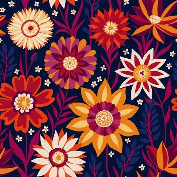 Floral Seamless Random Pattern of Fantasy Flowers in Magenta, Yellow, White, Red Stock Illustration