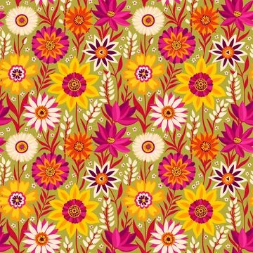 Floral Seamless Random Pattern with Vibrant Coloful Fantasy Flowers in Bohemian Stock Illustration