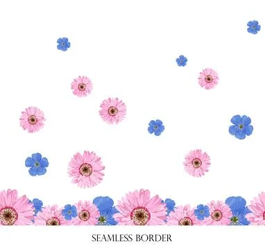 Floral seamless vector border. repeating pattern. Footer pink flowers. spring Stock Illustration