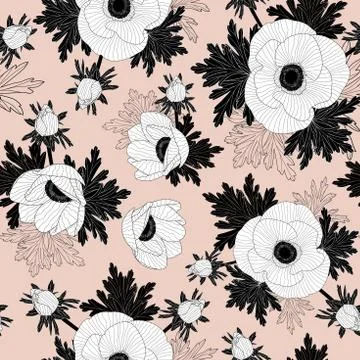 Floral seamless vector pattern with beautiful anemone flowers on pink background Stock Illustration