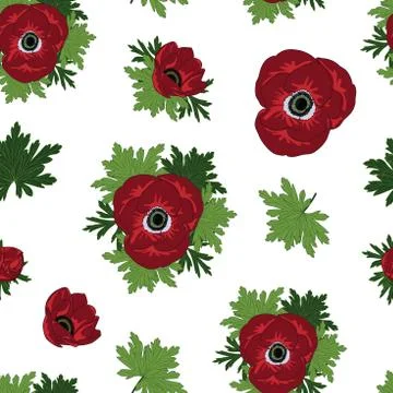 Floral seamless vector pattern with beautiful red anemone flowers. Illustrazione stock