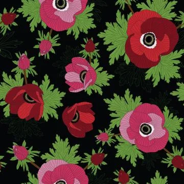 Floral seamless vector pattern with beautiful red and pink anemone flowers. Stock Illustration